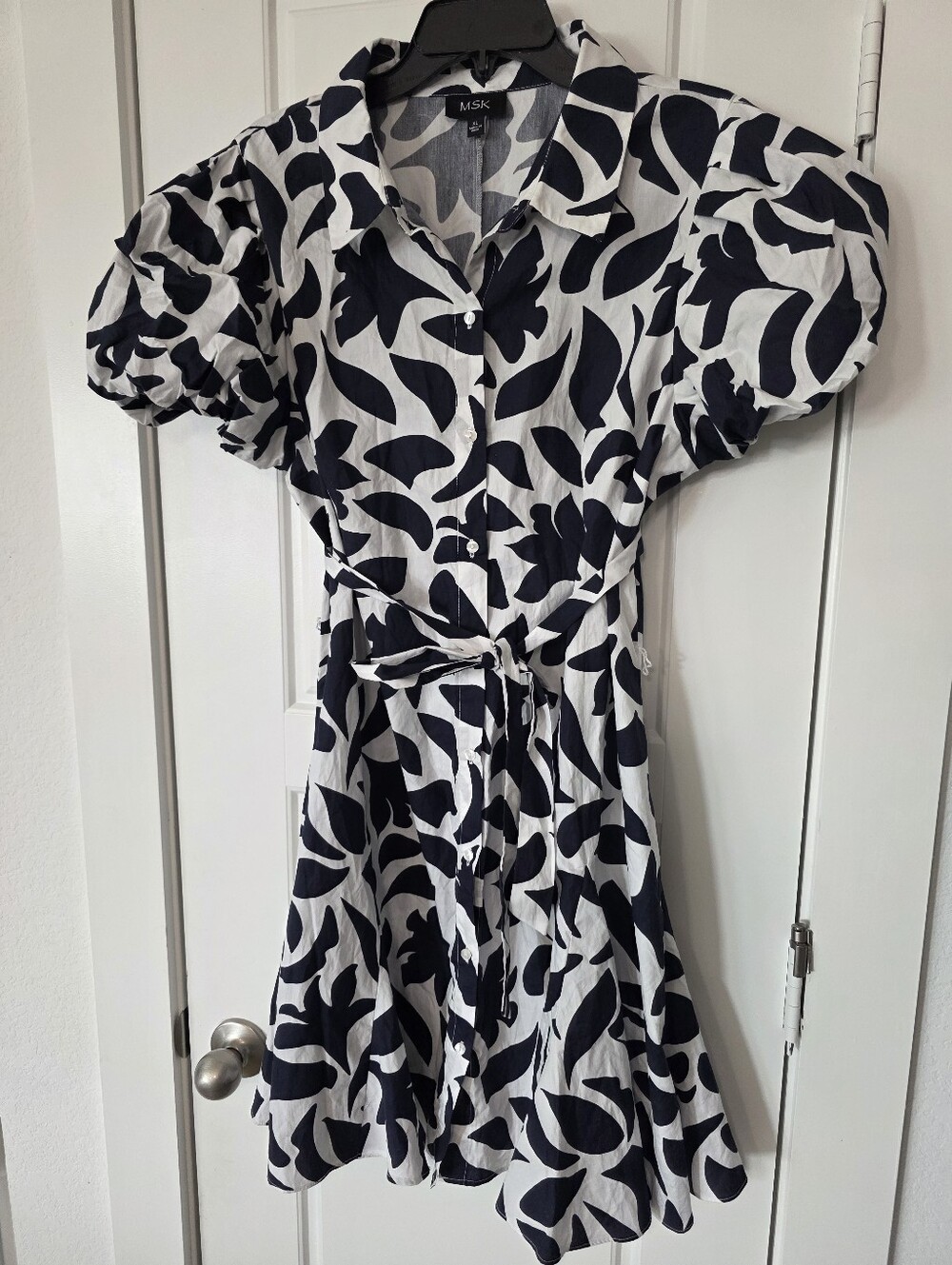 MSK Black White Abstract Print Shirt Dress XL Puff Sleeve Belted Button Front - Picture 2 of 9